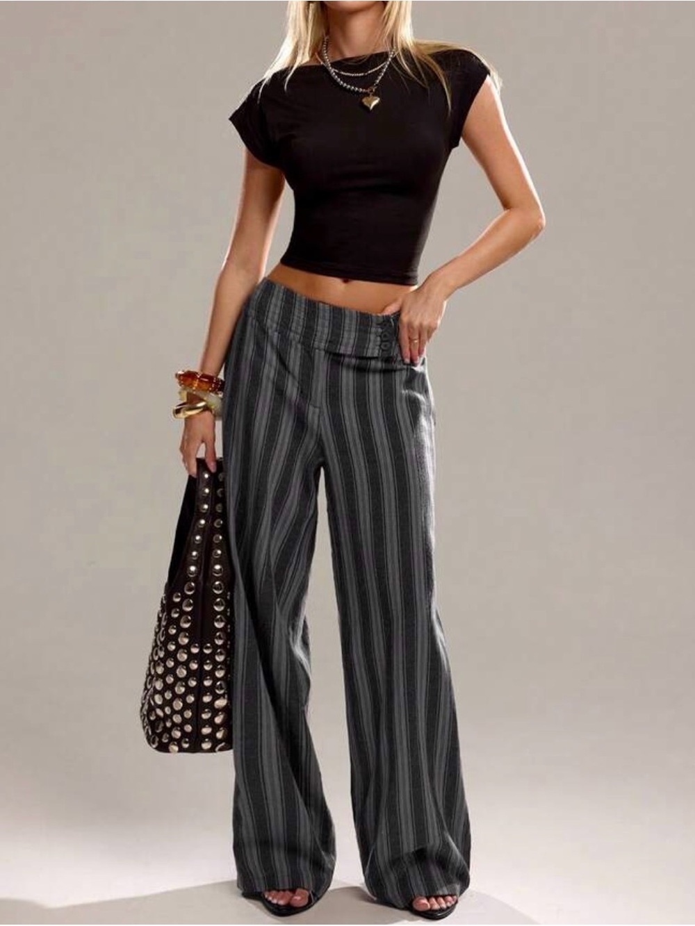 NEW Striped Wide-Leg Cotton Pants - Gray